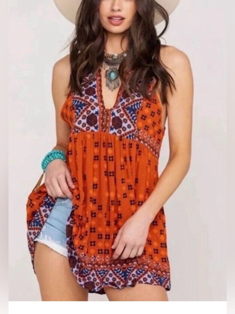 Free People Orange Printed Boho Halter Tunic Camisole
